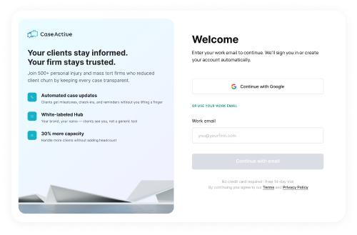 CaseActive passwordless client login screen